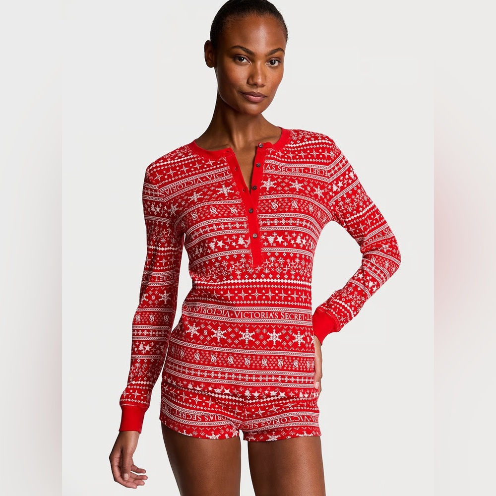 Victoria’s Secret Thermal Pajama Set Fair Isle Lipstick Red Shorts S